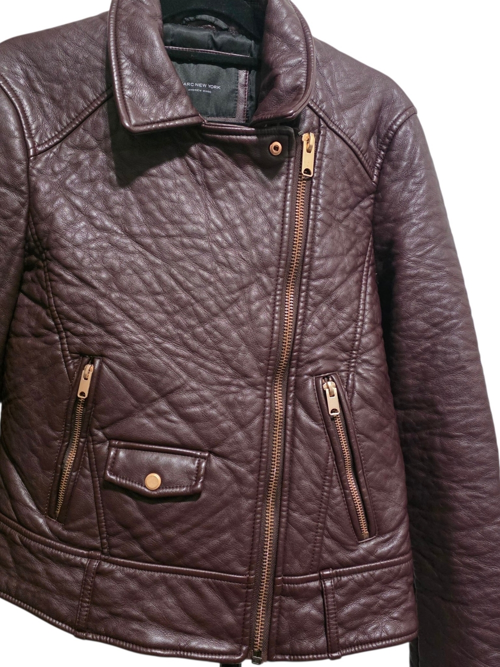 Marc New York Andrew Marc Burgundy Leather Moto Jacket Lg Quilted Biker Zip Coat - Picture 2 of 11